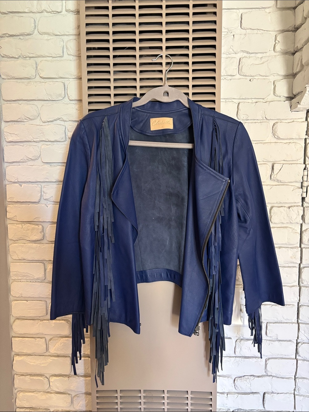 Cleobella Navy Blue Fringe Leather Jacket